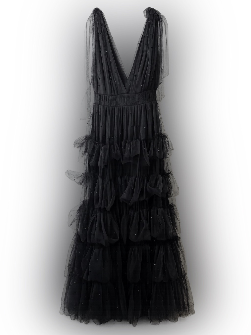 NOVA LUXE Black Beaded Tulle Tiered Ruffle Maxi Gown Dress XL